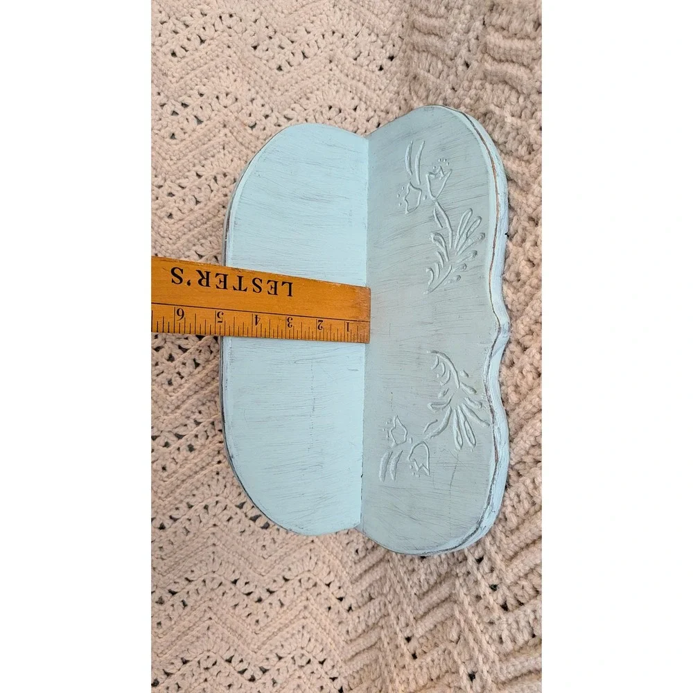 Vintage Handcrafted Light Blue Wood Wall Shelf Floral Carved Distressed 12.5in